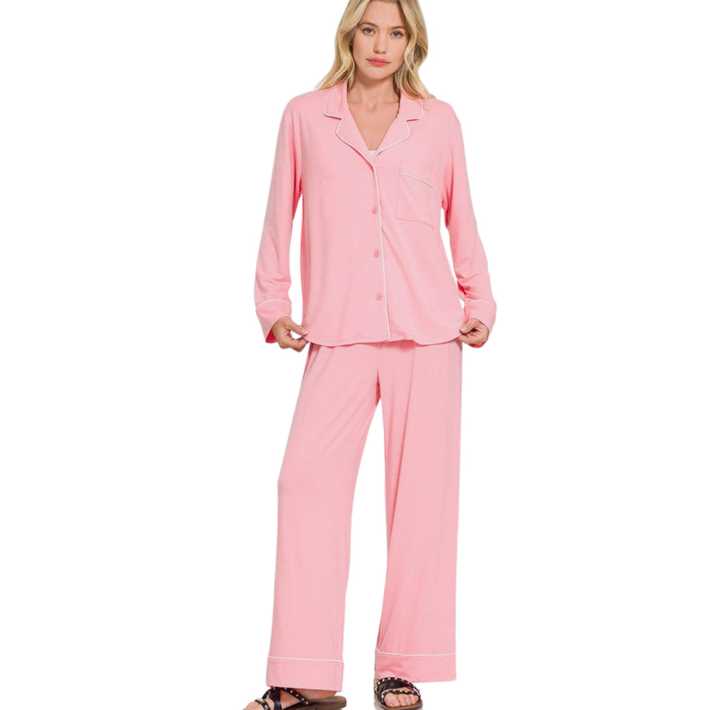 ZENANA BUTTON DOWN LONG SLEEVE TOP AND PANTS LOUNGE SET