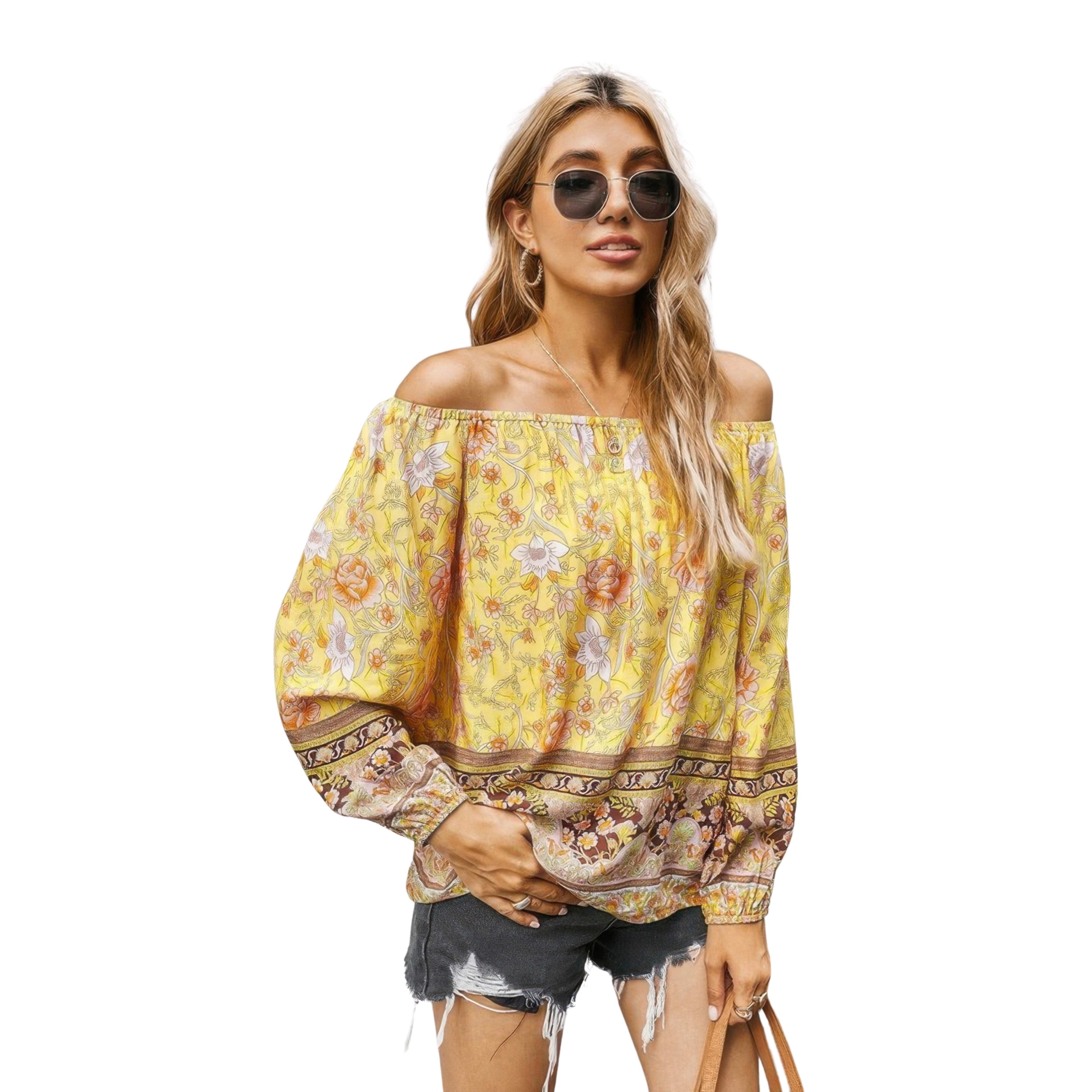 OFF-SHOULDER FLORAL RUFFLE LOOSE-FIT TOP