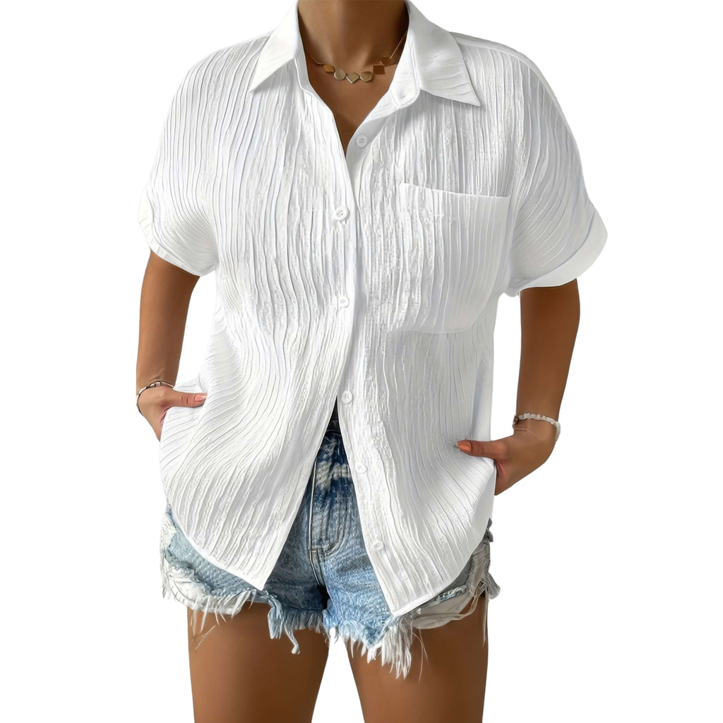 BUTTON DOWN LAPEL POCKETS LOOSE SOLID SHIRT WHITE