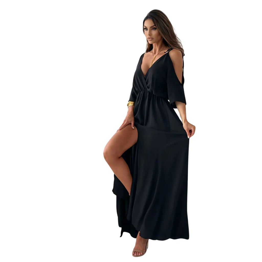 TIED SHOULDER SLIT MAXI DRESS