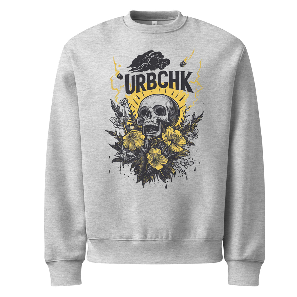 Gray sweatshirt with skull and floral design and 'URBCHK' text on a white background