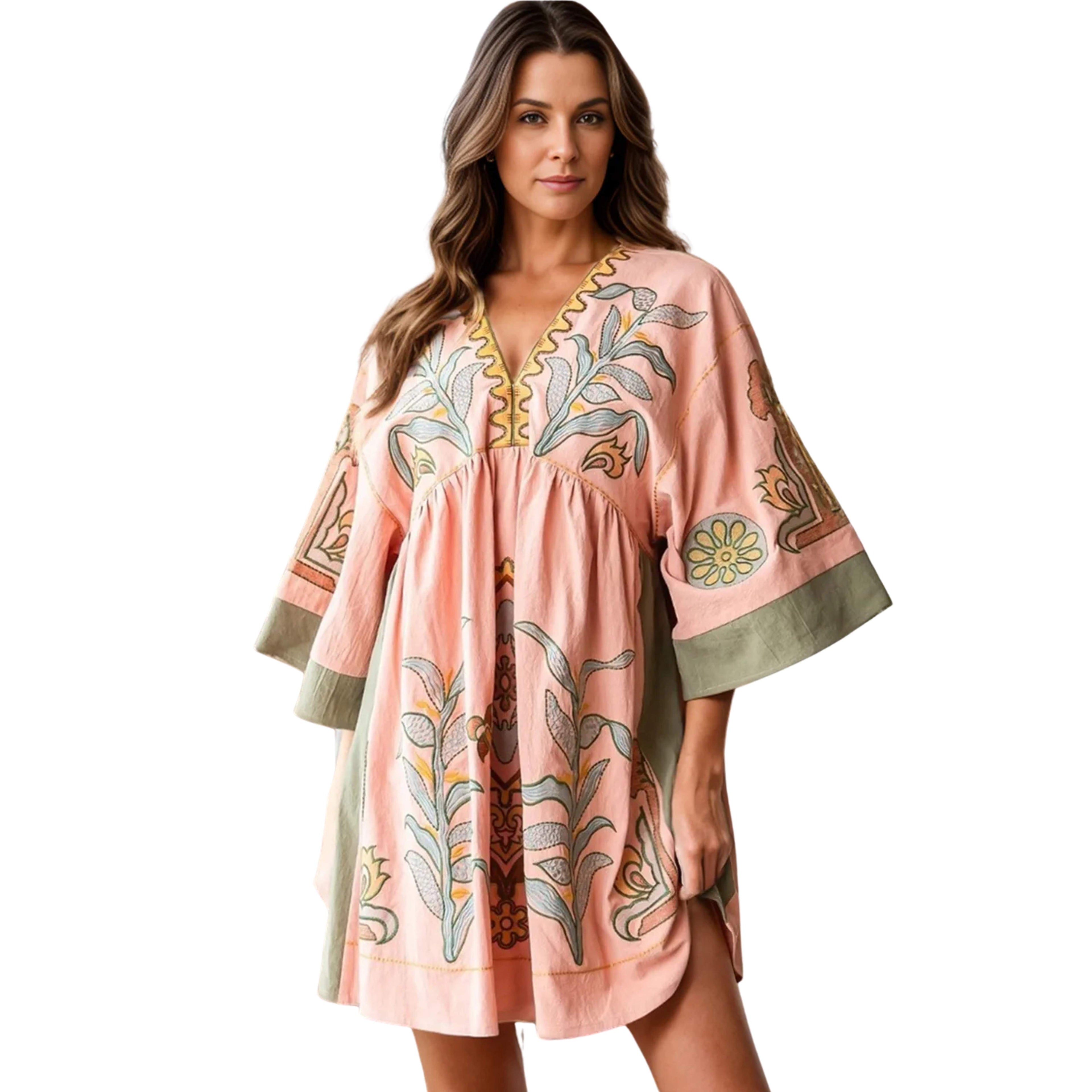 PRINTED V-NECK MINI DRESS WITH 3/4 SLEEVES