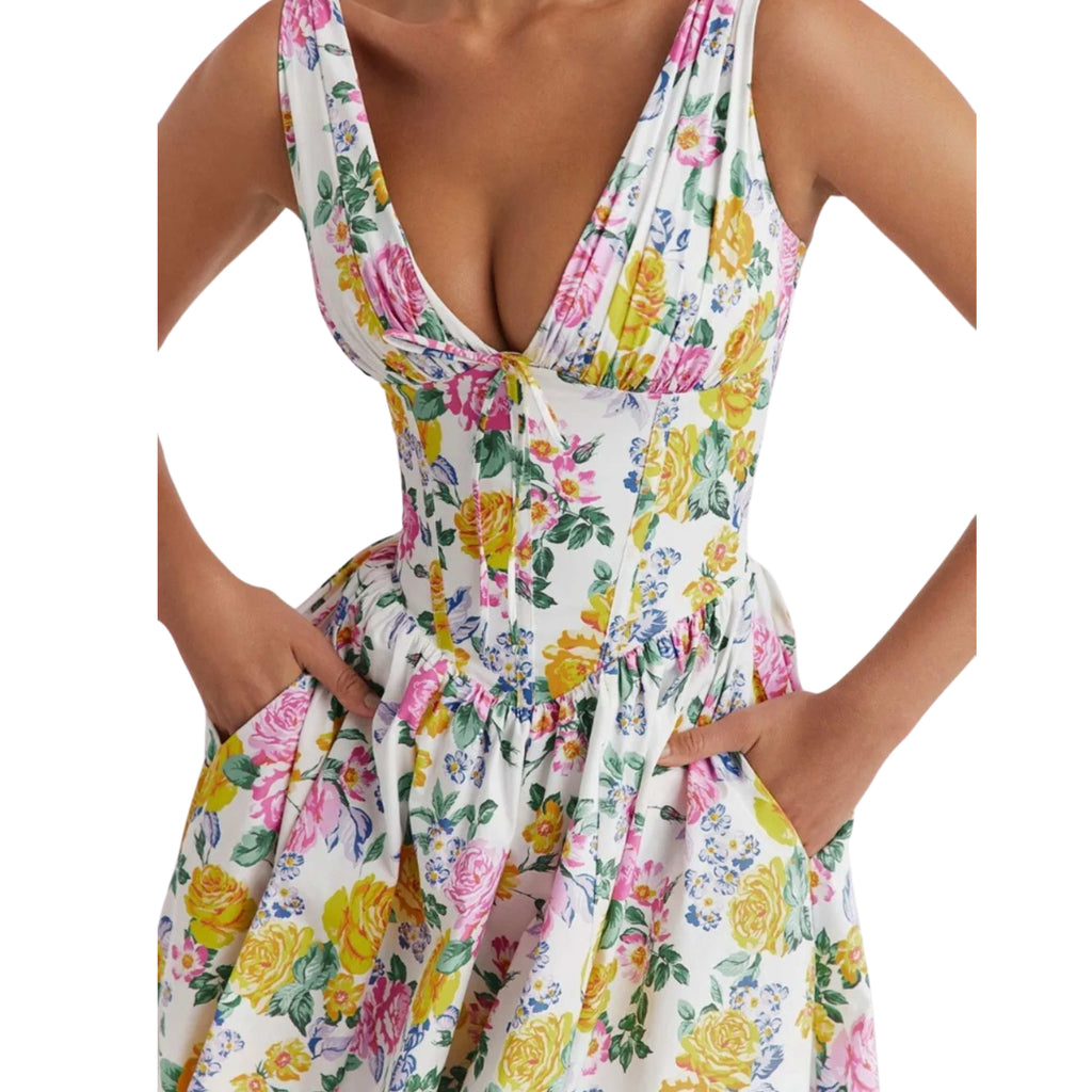 BLOOM IN STYLE: FLORAL V-NECK MIDI DRESS WITH POCKETS