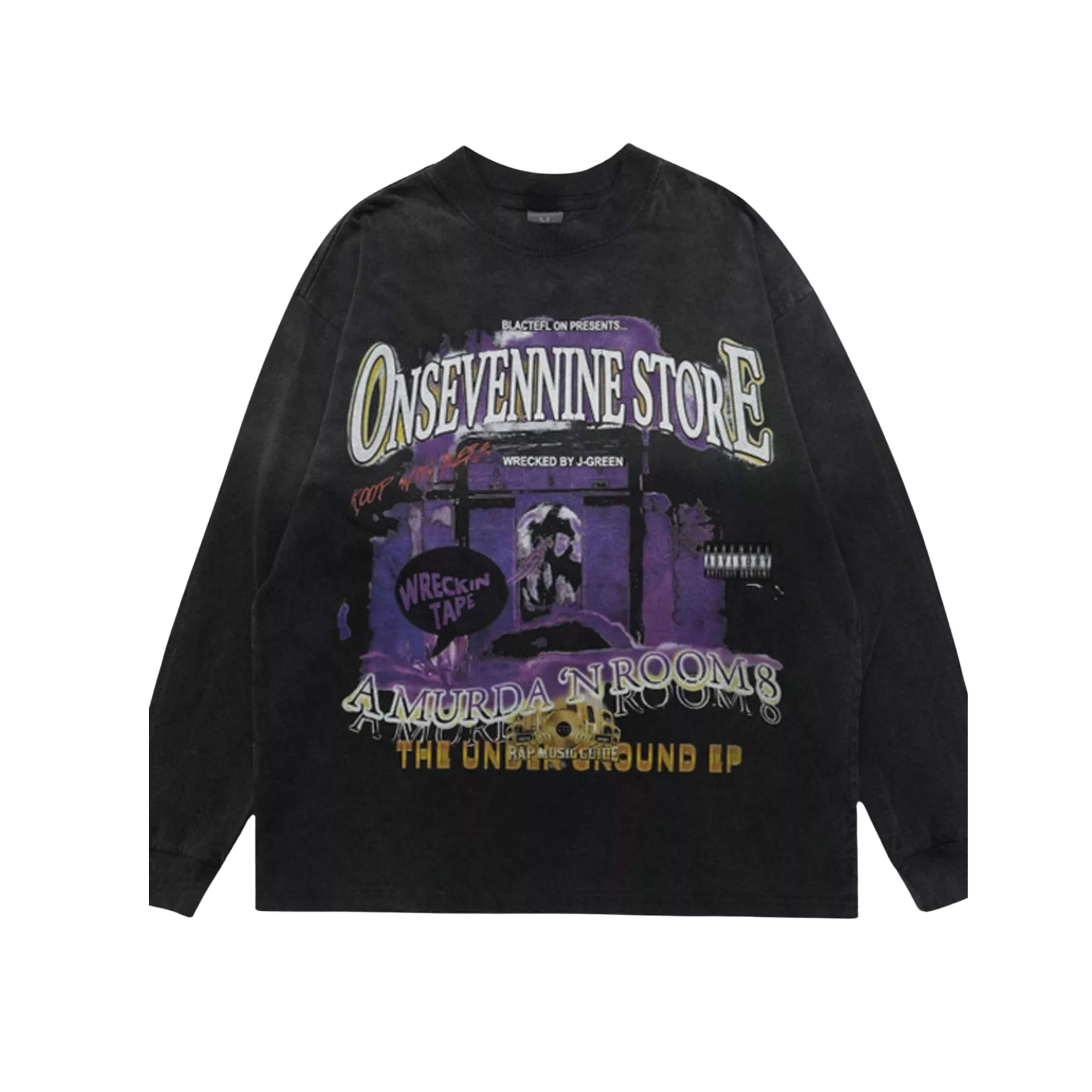 Black sweatshirt with graphic design and text on a white background
