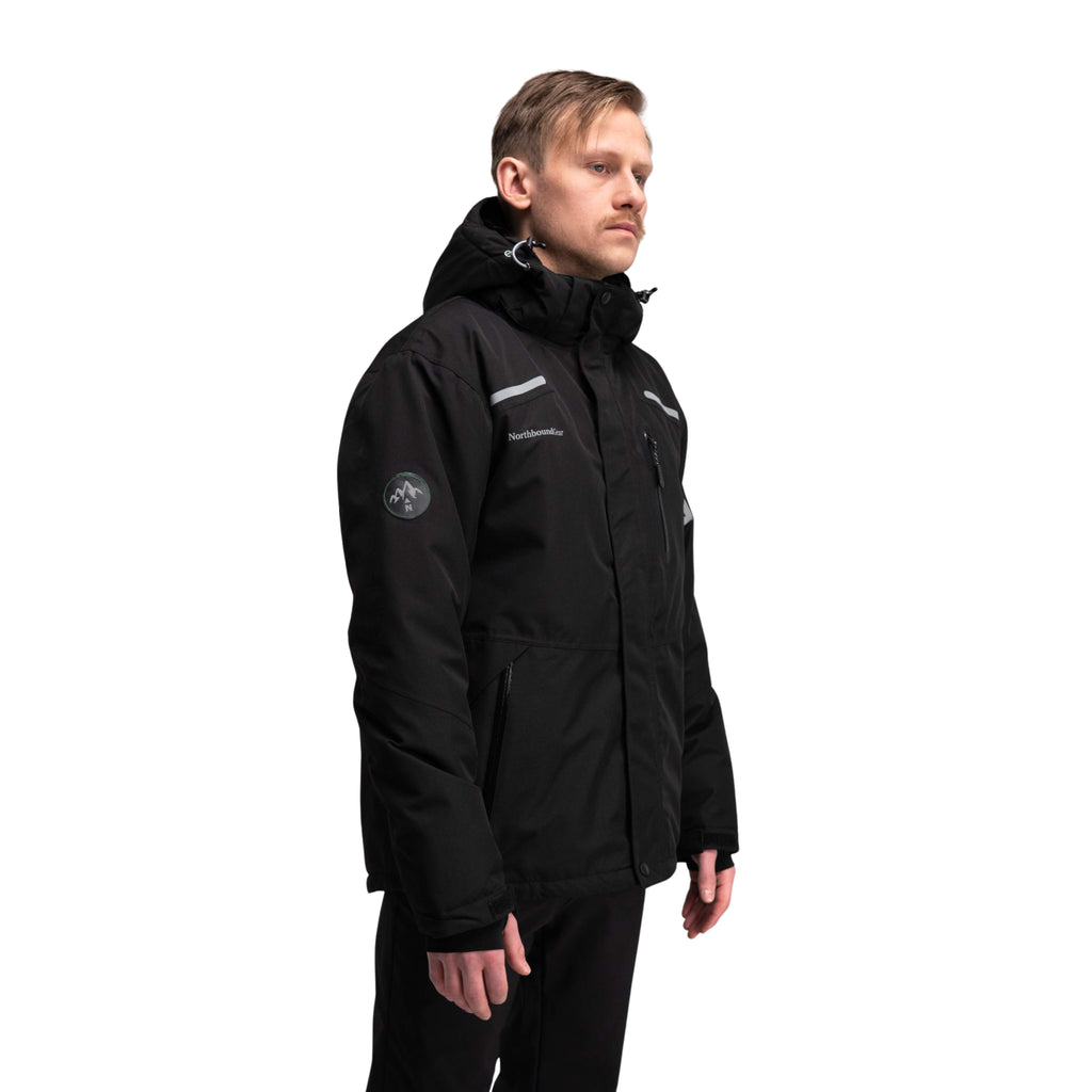 Man wearing a black waterproof jacket with visible Northbound branding on a white background