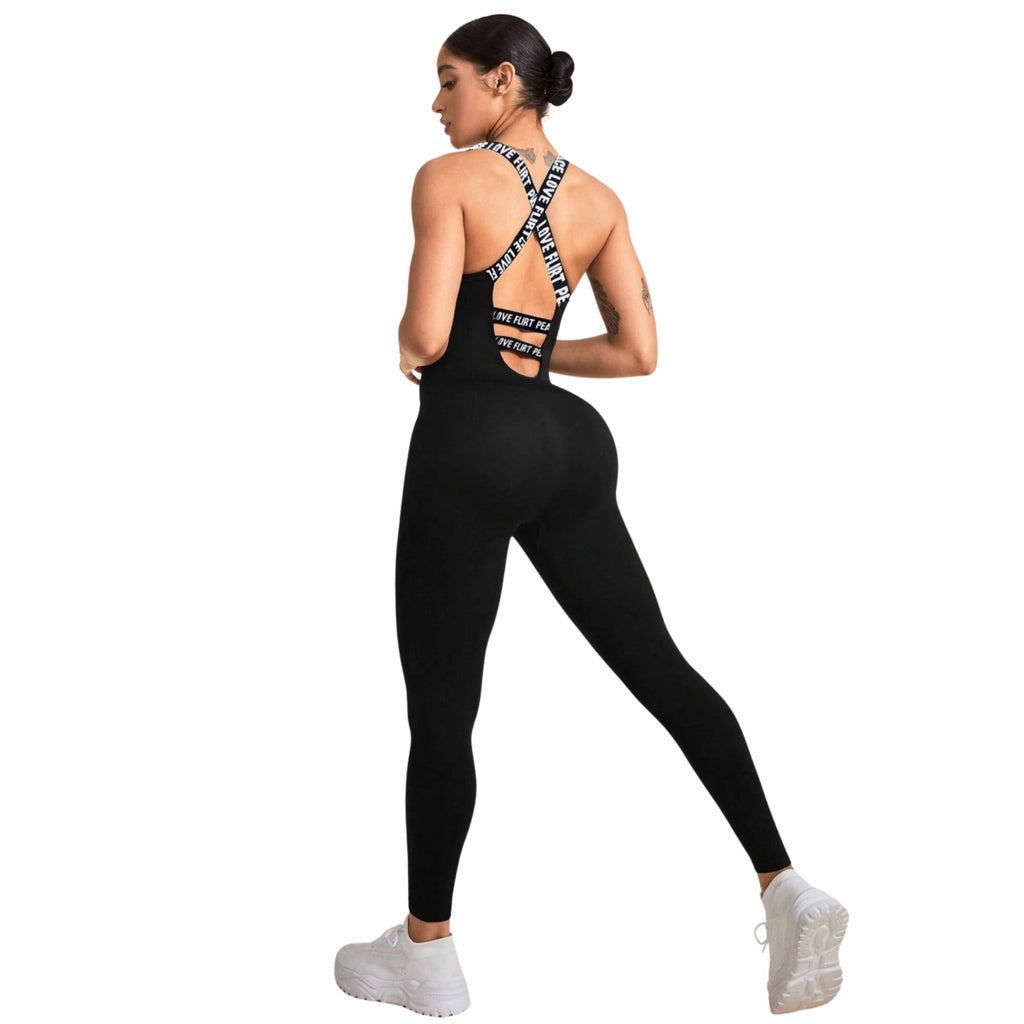 A Women Model Wearing a Crisscross Back Active Jumpsuit