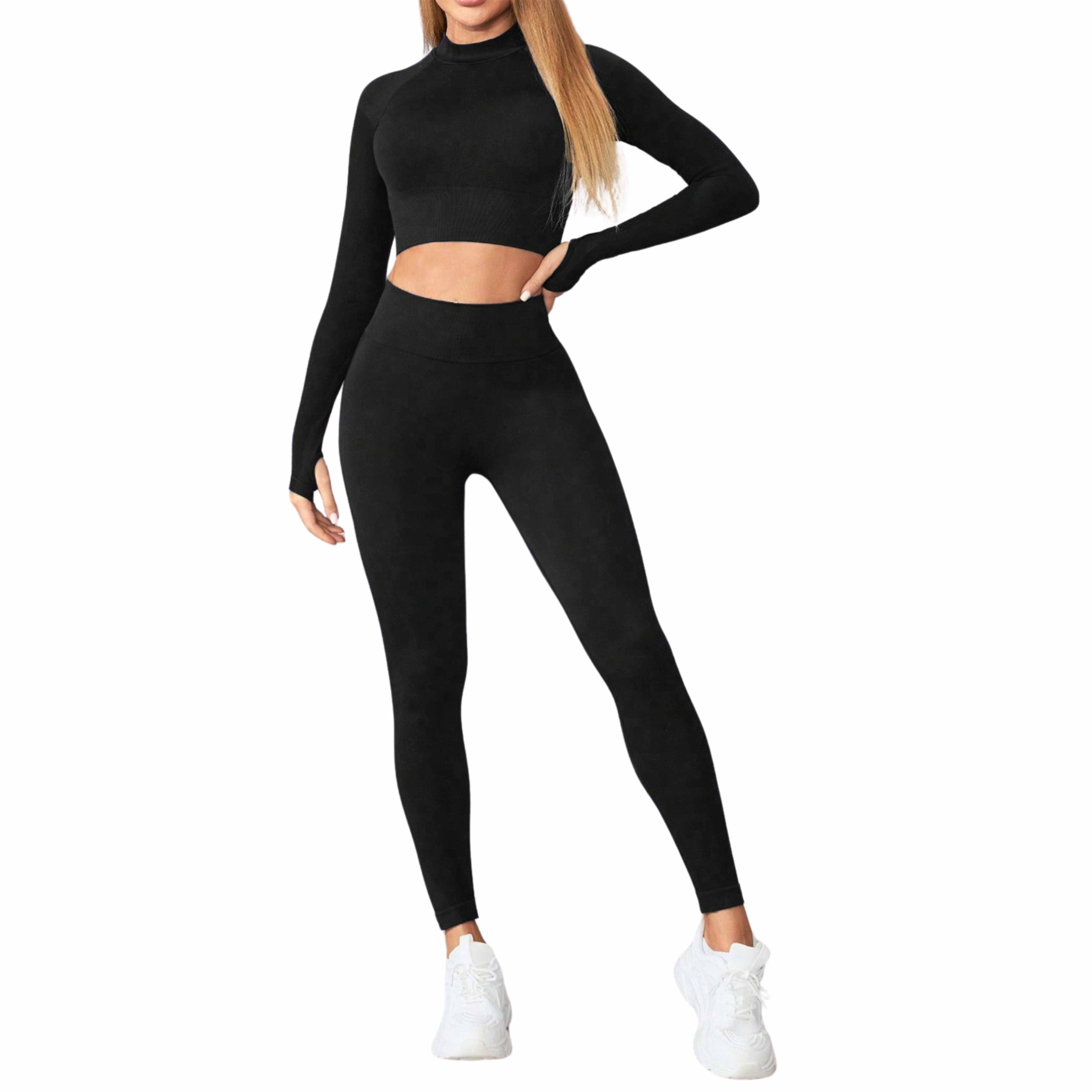 A WOMEN MODEL WEARING A LONG SLEEVE TOP AND LEGGINGS ACTIVE SET