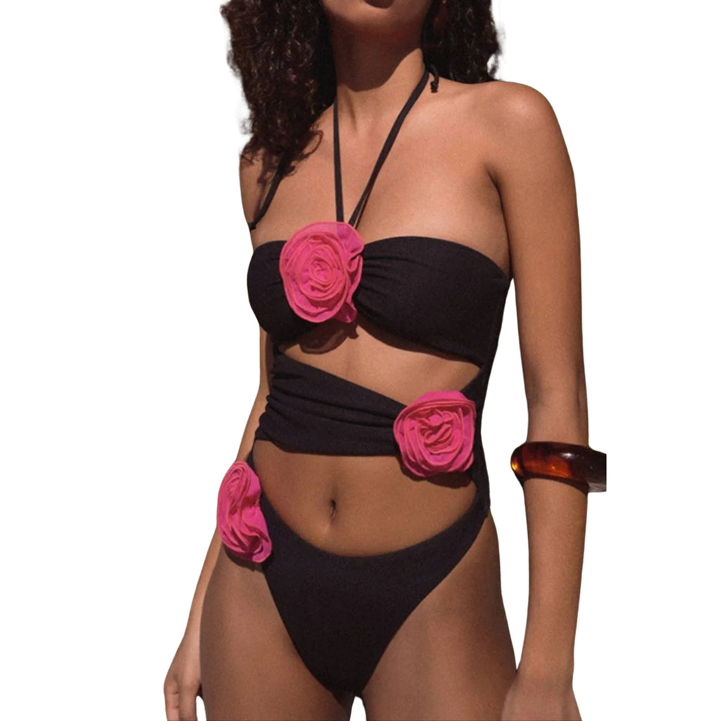 FLOWER CUTOUT HALTER NECK ONE-PIECE SWIMWEAR