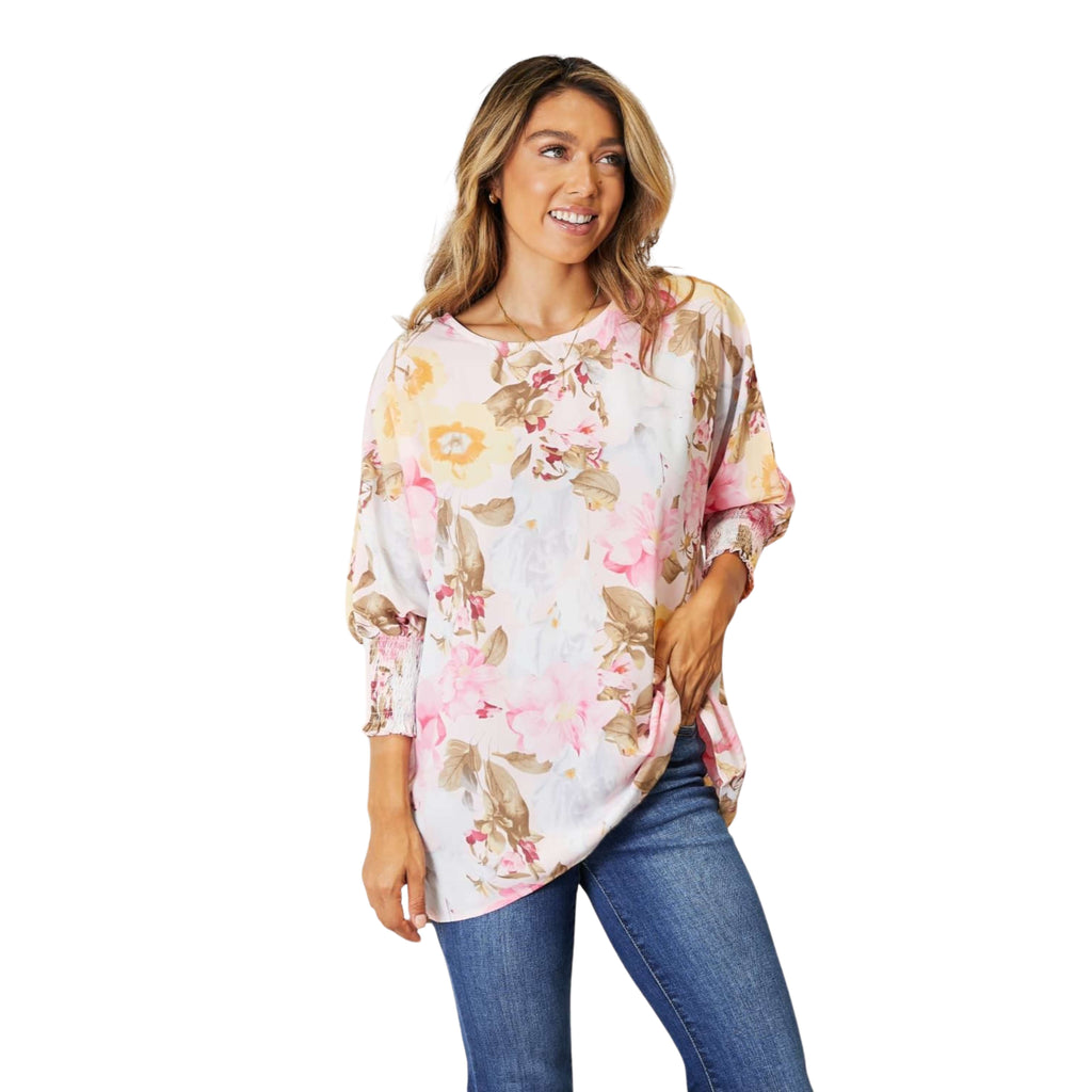 FLORAL ROUND NECK THREE QUARTER SLEEVE TOP