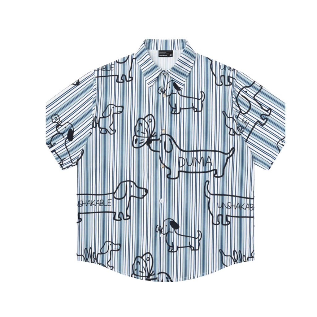 QUIRK MEETS CLASSIC: MEN'S STRIPED DOG PRINT BUTTON-UP SHIRT
