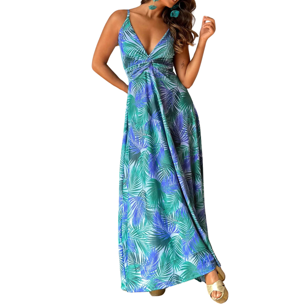 TROPICAL PRINT V-NECK MAXI DRESS