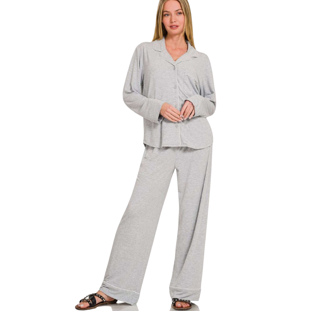 ZENANA BUTTON DOWN LONG SLEEVE TOP AND PANTS LOUNGE SET