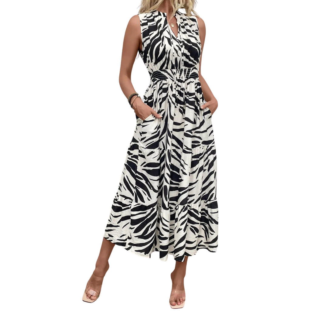 Printed Notched Sleeveless Midi Dress