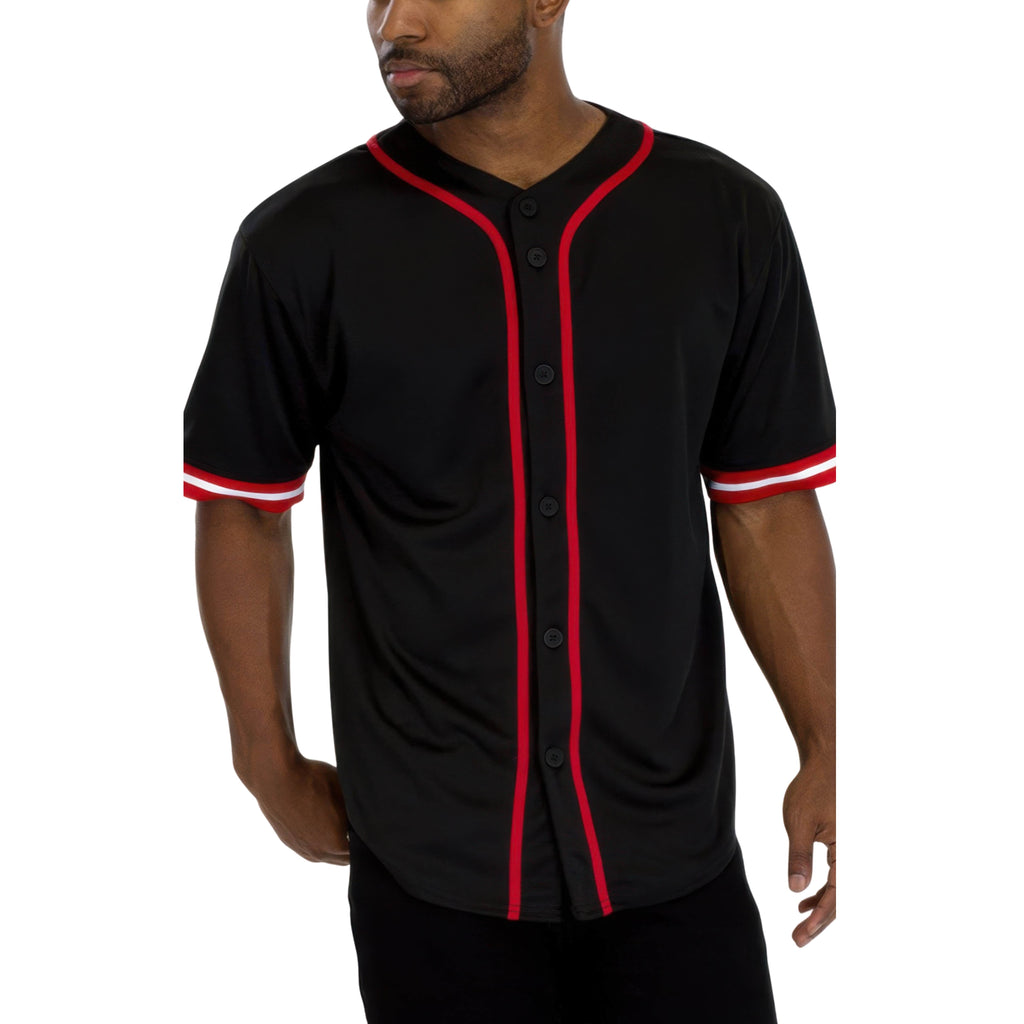 Black baseball jersey with red accents worn by a person on a white background