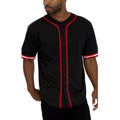 Black baseball jersey with red accents worn by a person on a white background