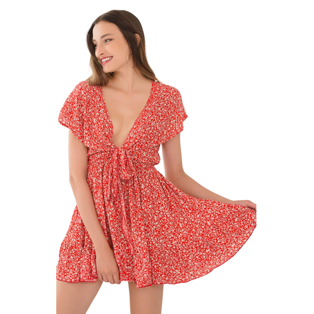IVY LANE TIED FLORAL V-NECK CAP SLEEVE DRESS