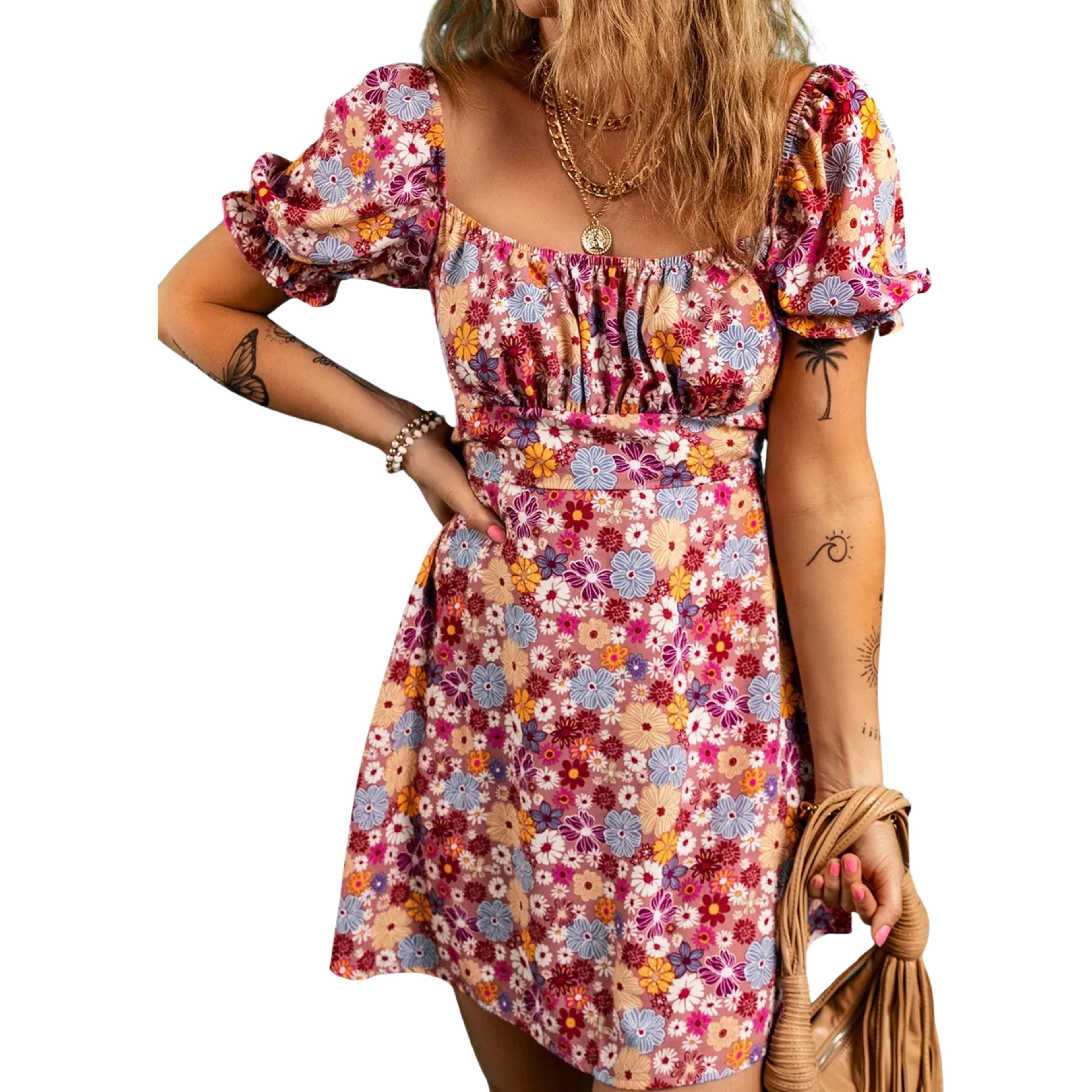FLORAL PUFF SLEEVE SQUARE NECK KNOT OPEN BACK MINI DRESS