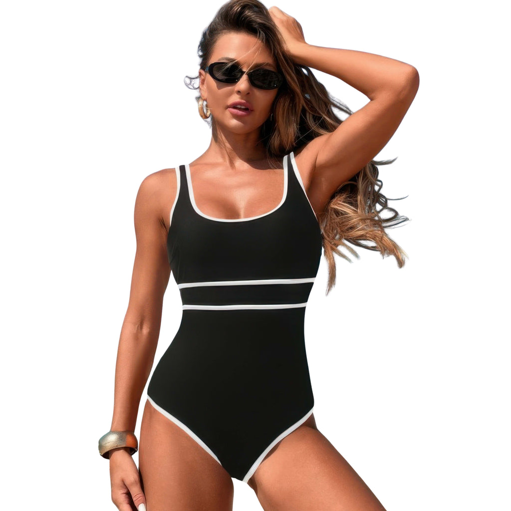 U-NECK CONTRAST TRIM STRIPE ONE-PIECE SWIMSUIT