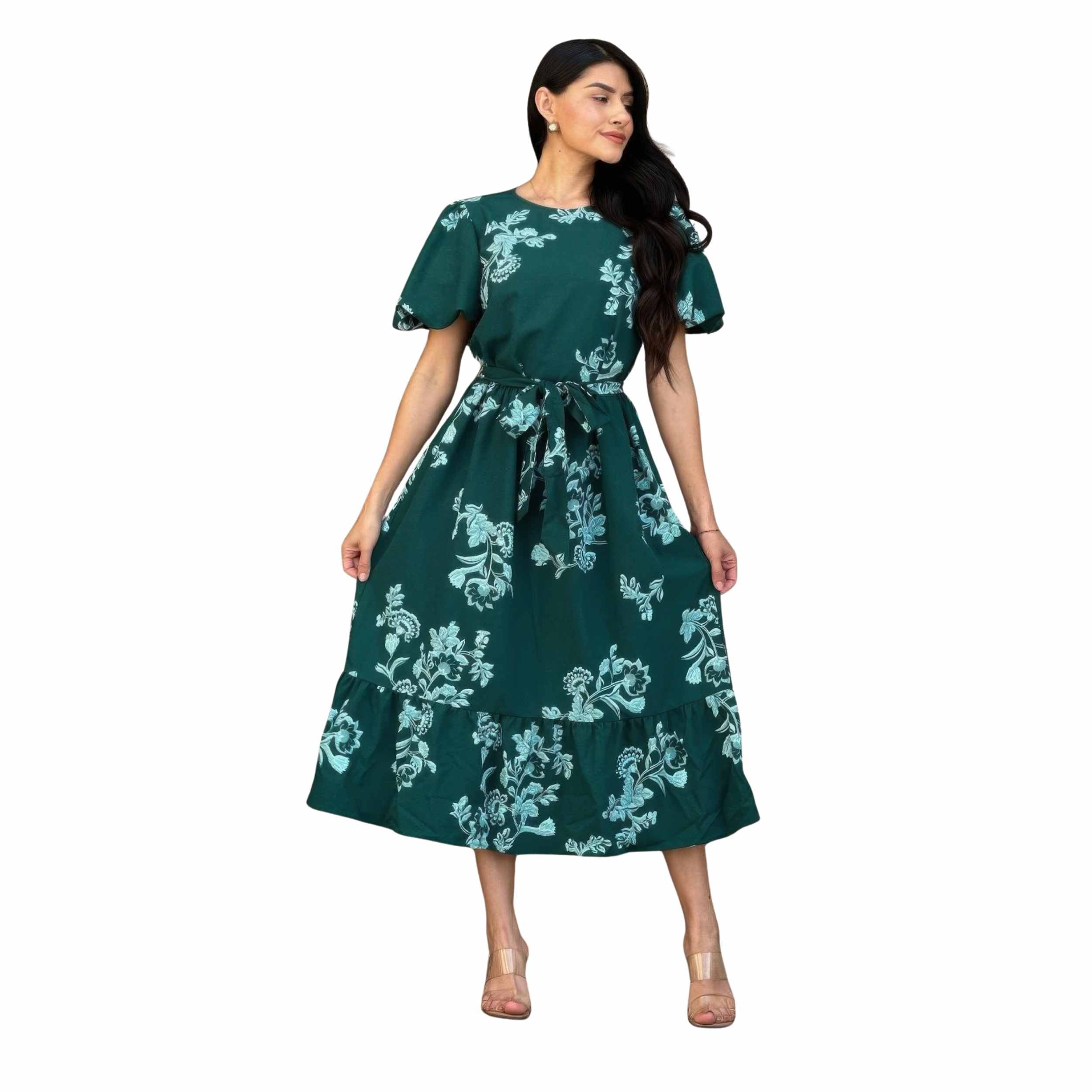 Belted Flare Floral Print Cap Sleeve Midi Dress