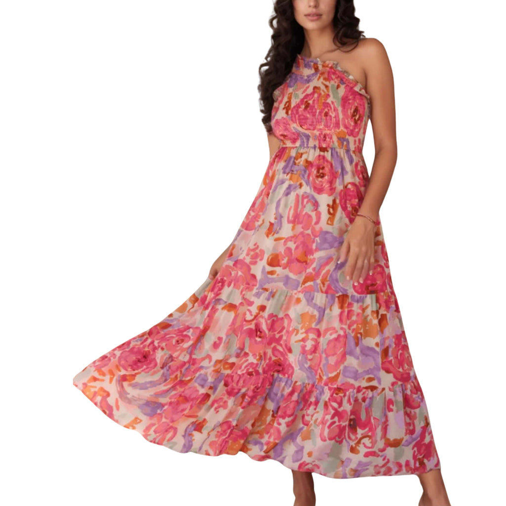 FLORAL PRINT SHIRRED ONE SHOULDER MAXI DRESS