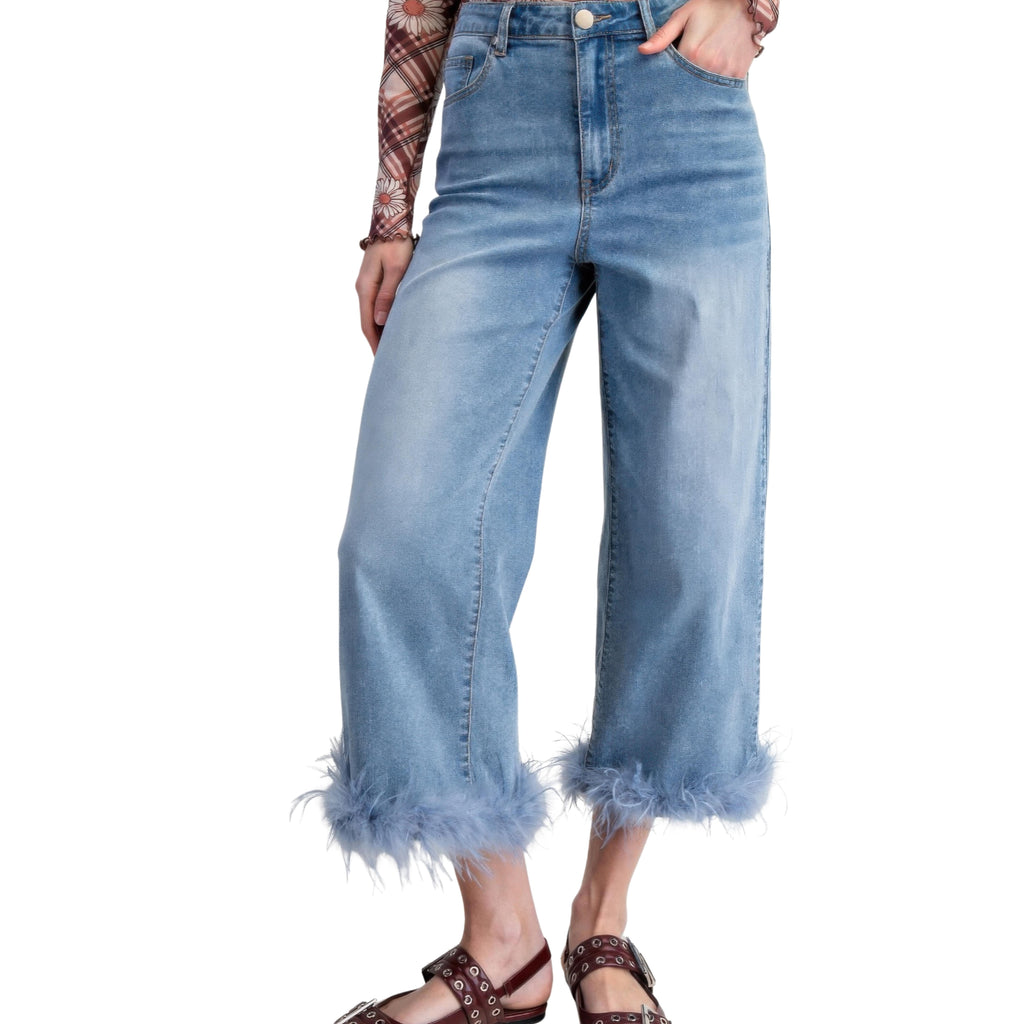 WASHED STRETCH DENIM PANTS WITH FUR HEM DETAIL