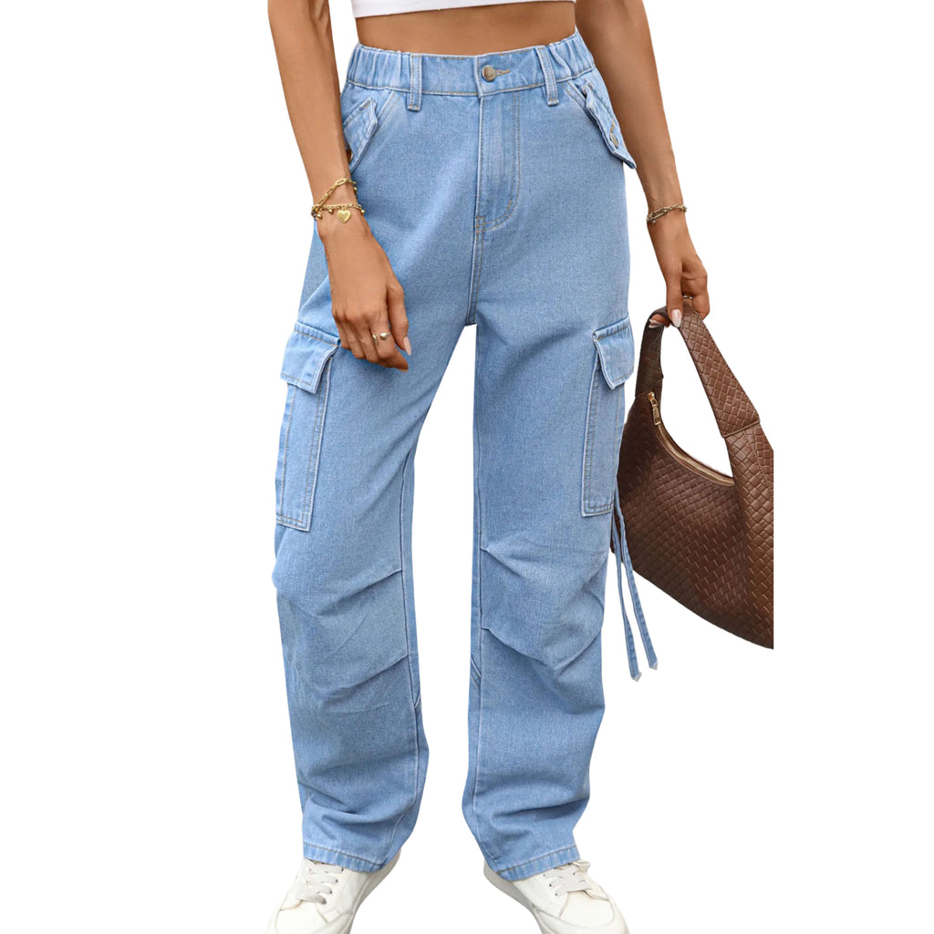 Women wearing light blue cargo jeans holding a brown handbag on a white background