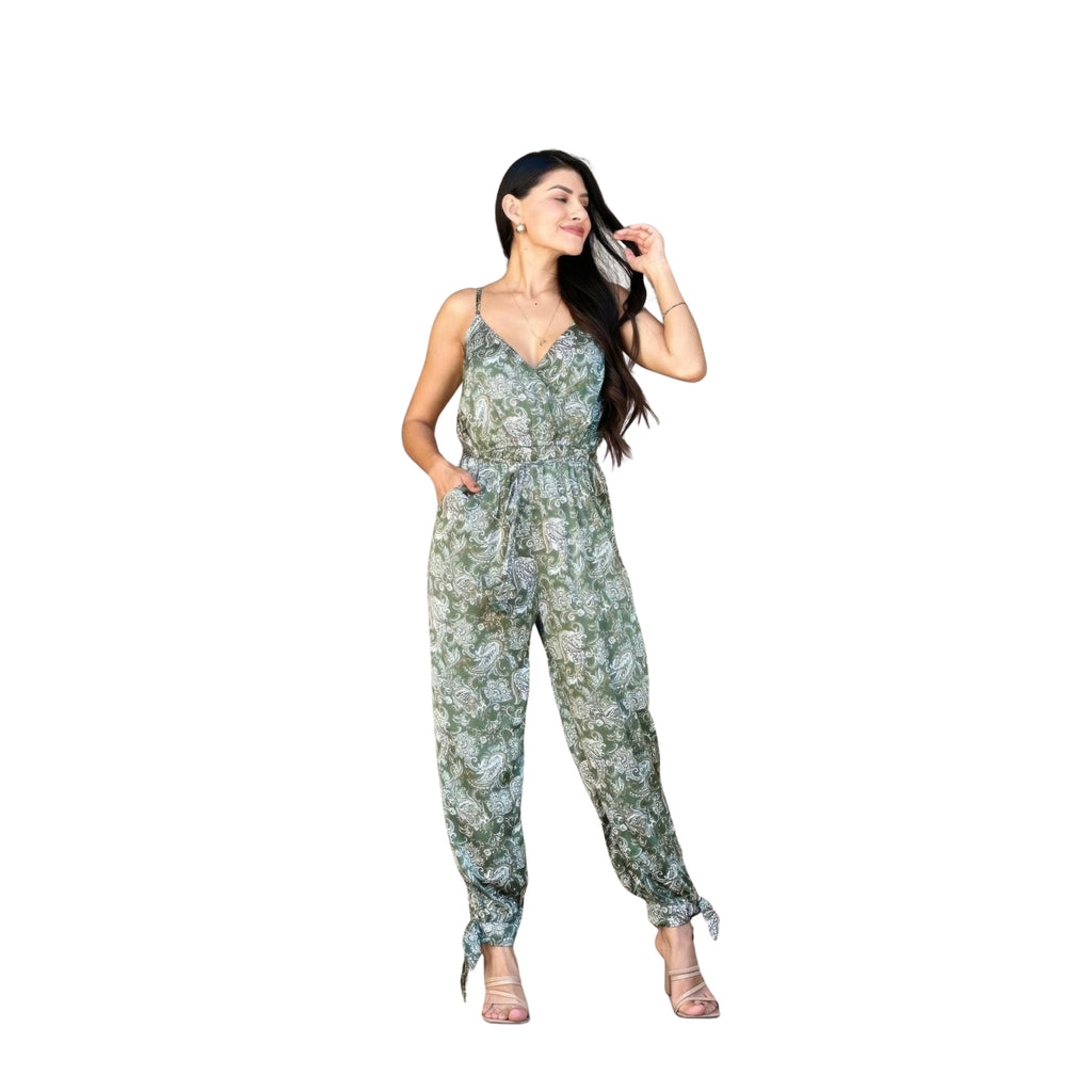 V Neck Sleeveless Paisley Jumpsuit With Tie Waist
