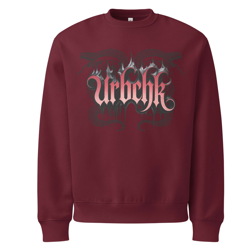 Maroon sweatshirt with 'Urbehk' design on a white background
