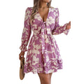 RUFFLED TIE-FRONT PRINTED LONG SLEEVE DRESS