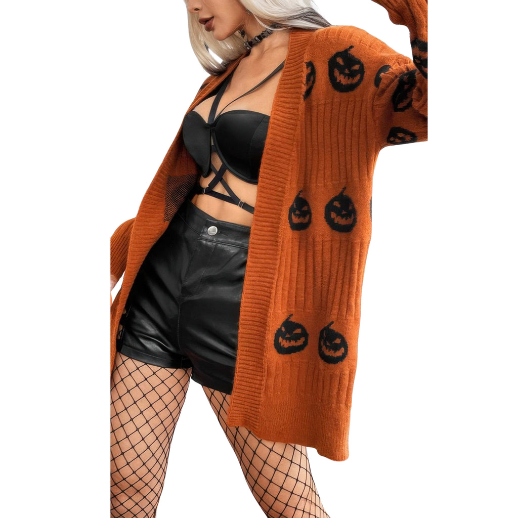 PUMPKIN PRINT OPEN-FRONT LONG SLEEVE CARDIGAN