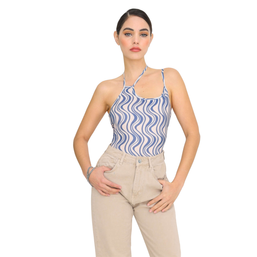 CREAM & BLUE WAVE PRINT MESH ASYMMETRICAL NECK SELF-TIE STRAP BODYSUIT