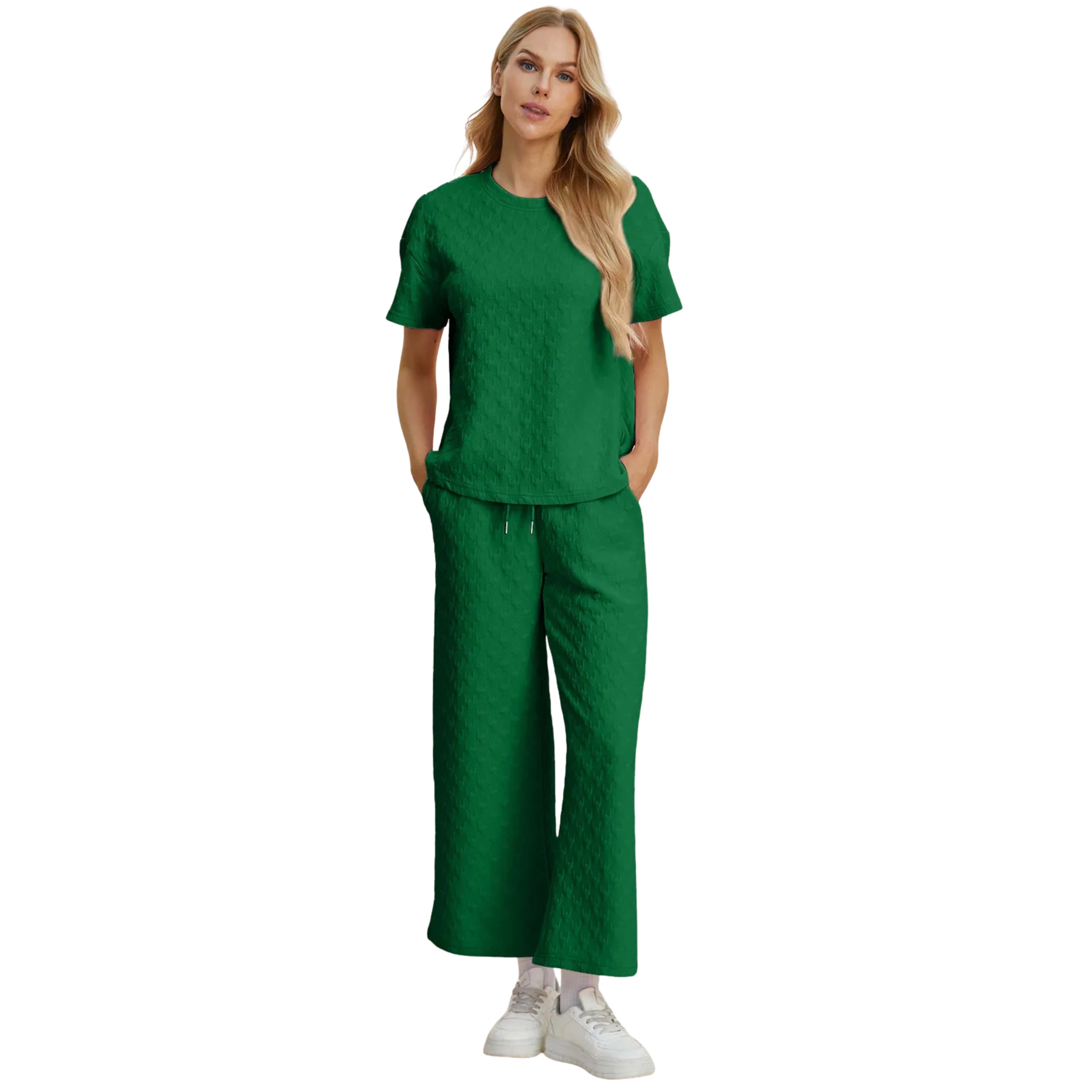FULL SIZE TEXTURED ROUND NECK TOP & PANTS SET