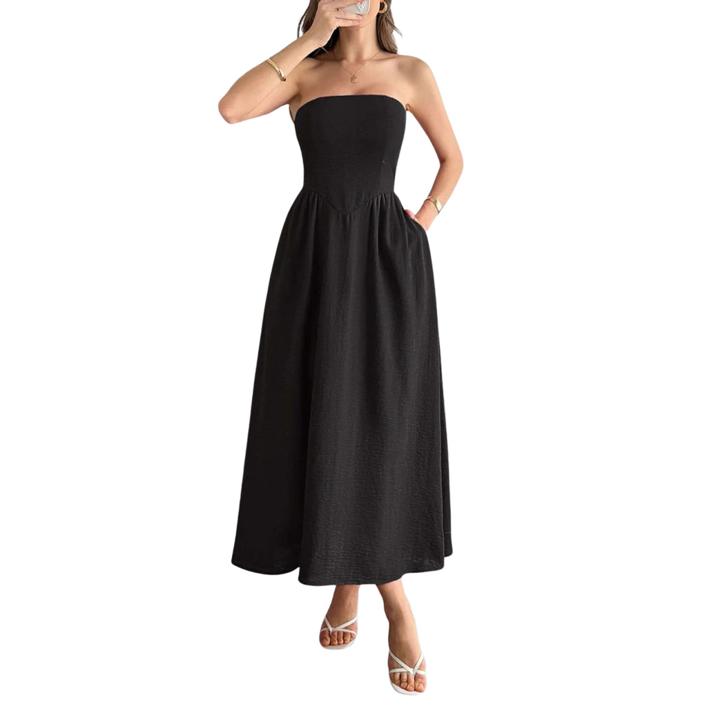 STRAPLESS A-LINE MIDI DRESS WITH POCKETS