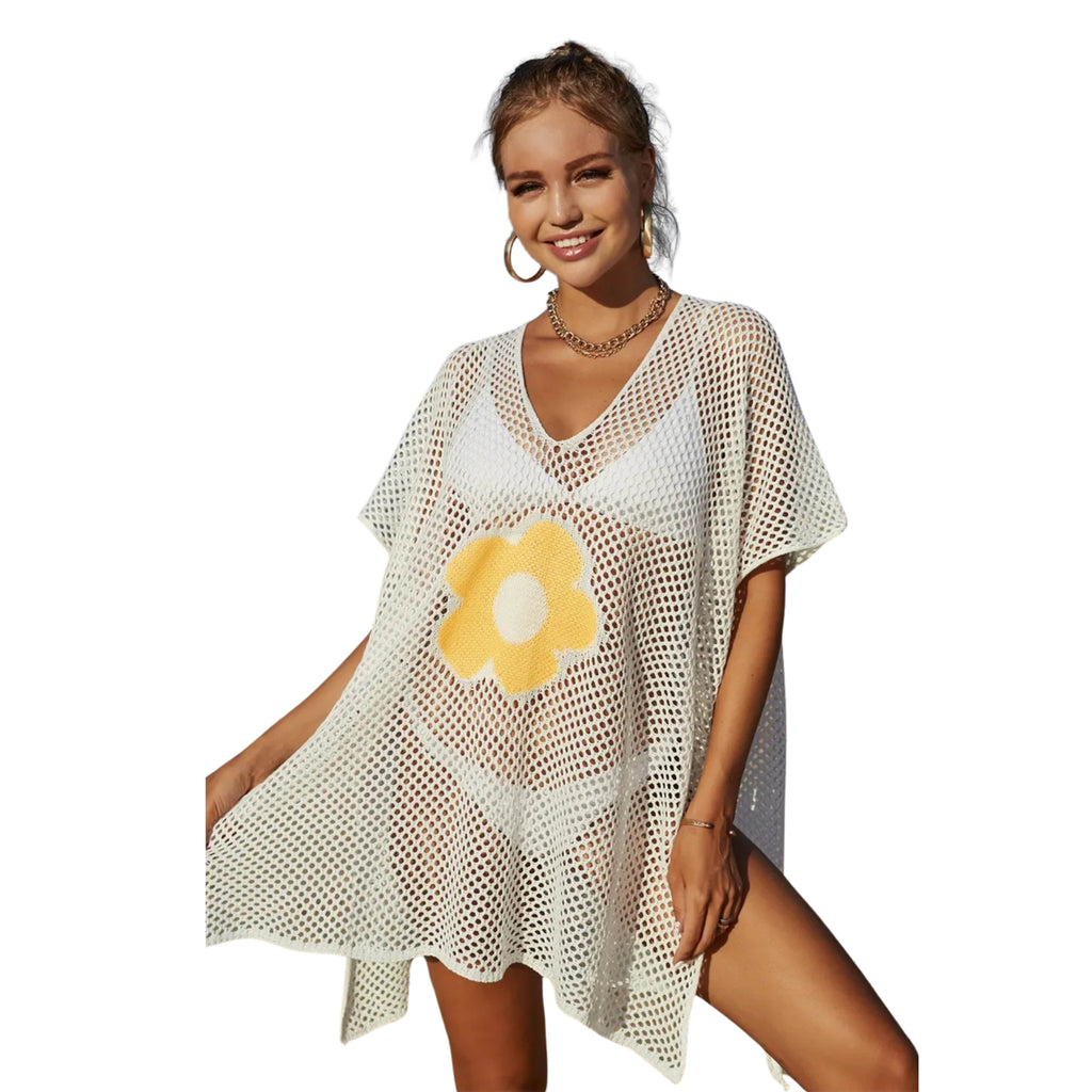 ANGEL WINGS OPENWORK FLOWER V-NECK SHORT SLEEVE COVER UP