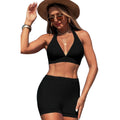 TWO-PIECE SOLID HALTER V-NECK HIGH-WAIST SWIMSUIT