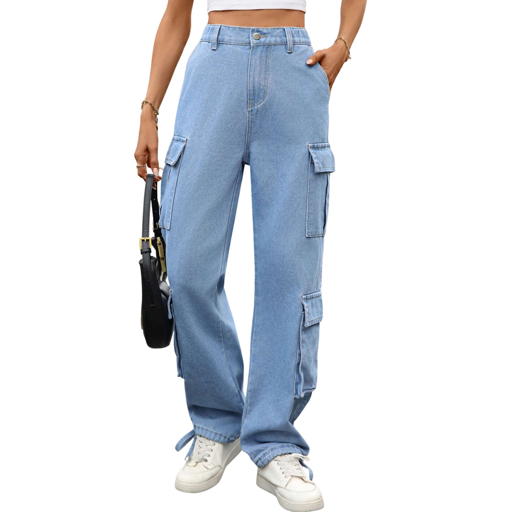 Women wearing light blue cargo jeans on a white background
