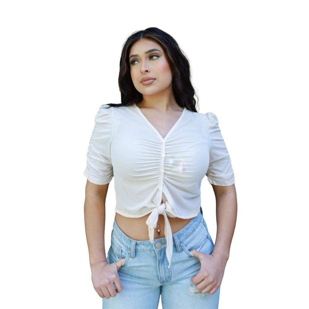 MESH BUTTON-UP SELF-TIE RUCHED CROP TOP – SHEER, SNATCHED & SUMMER-READY