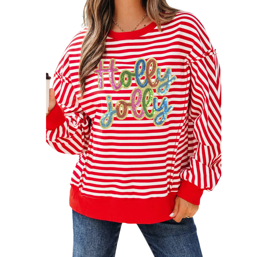 STRIPE HOLLY JOLLY SEQUIN GRAPHIC DROP SHOULDER LONG SLEEVE TOP