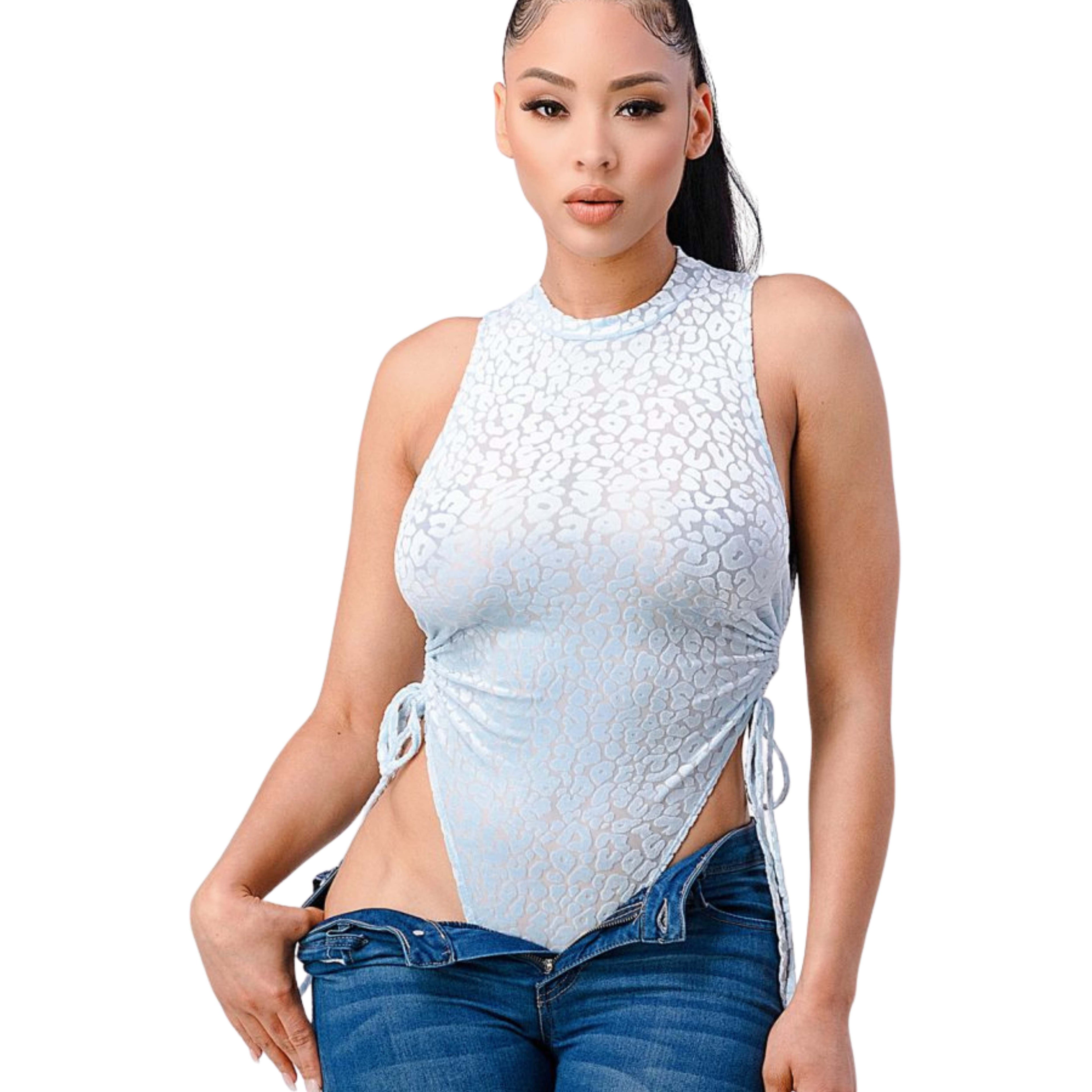 VELVET LEOPARD BODYSUIT WITH SIDE SHIRRING & EXTREME CUT