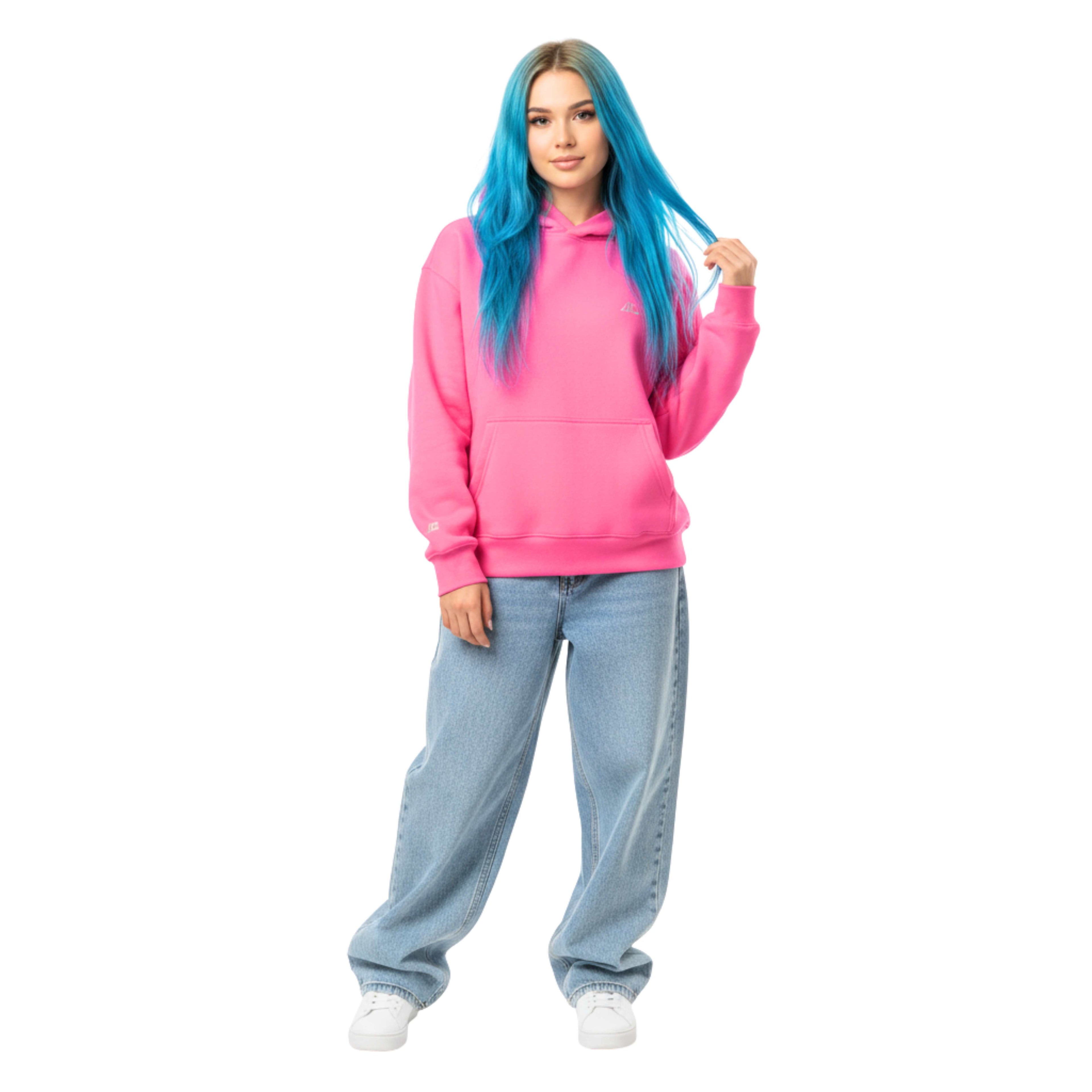 Person wearing a pink hoodie and blue jeans on a white background