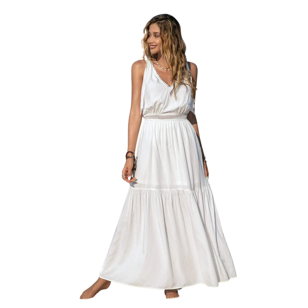 CROCHET V-NECK WHITE MAXI DRESS WITH TIE SHOULDER STRAPS