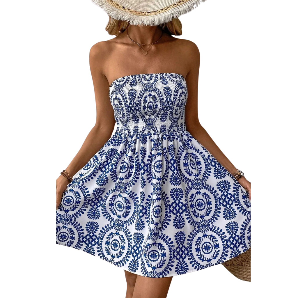 SMOCKED PRINTED TUBE MINI DRESS