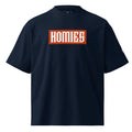 Black t-shirt with 'HOMIES' in red and white on a white background