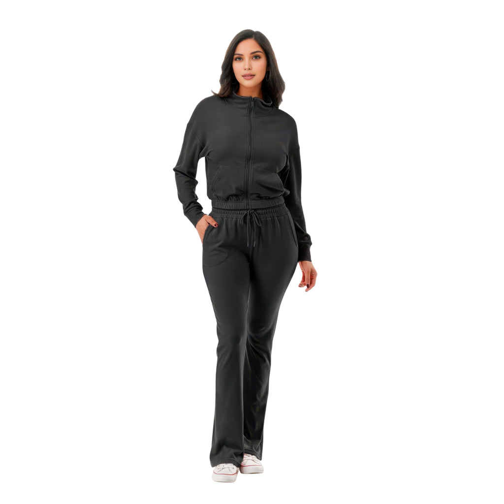 THERMAL CROP JACKET AND FLARE PANTS SET – COZY TWO-PIECE LOUNGEWEAR FOR WOMEN