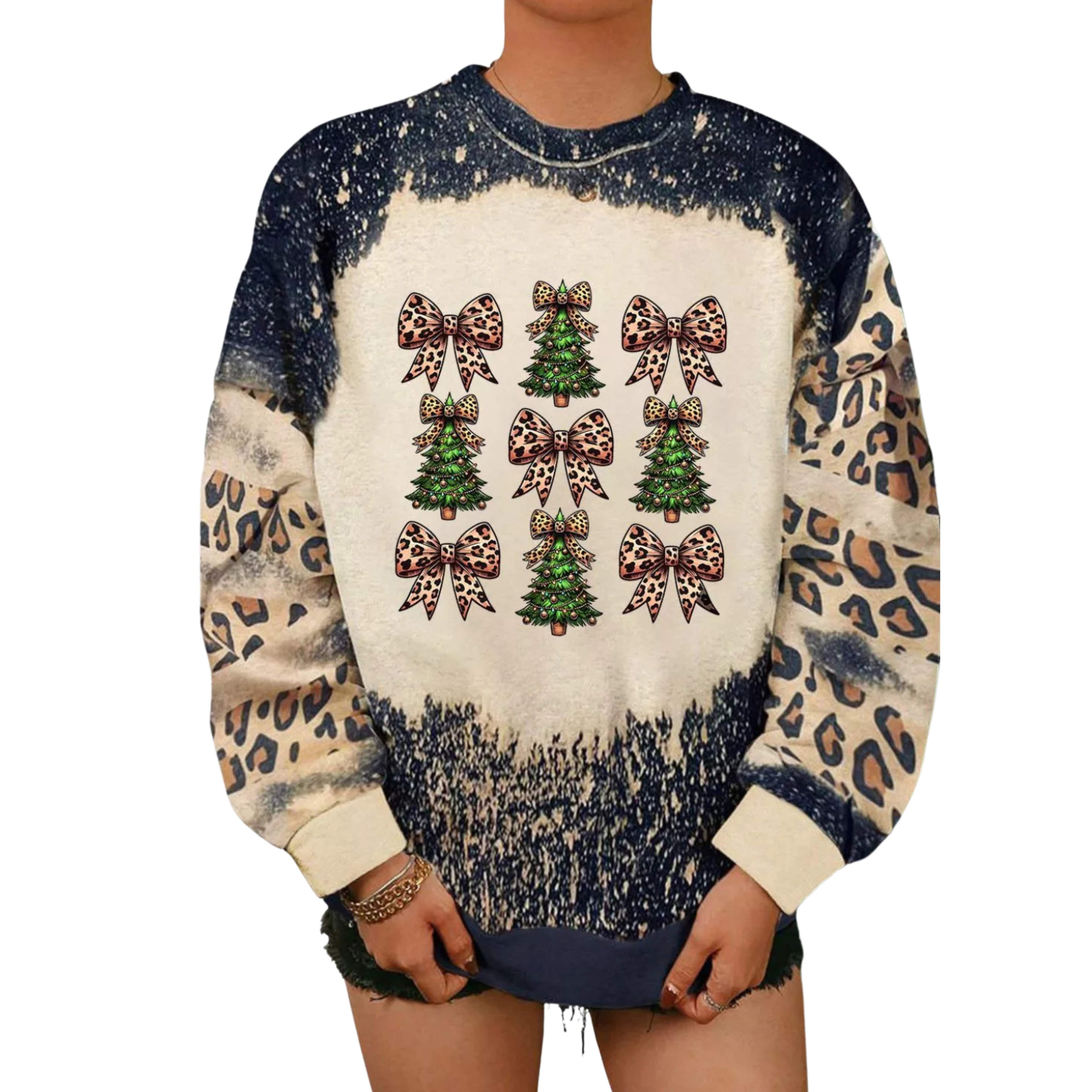 Sweater with Christmas tree and bow pattern on a white background