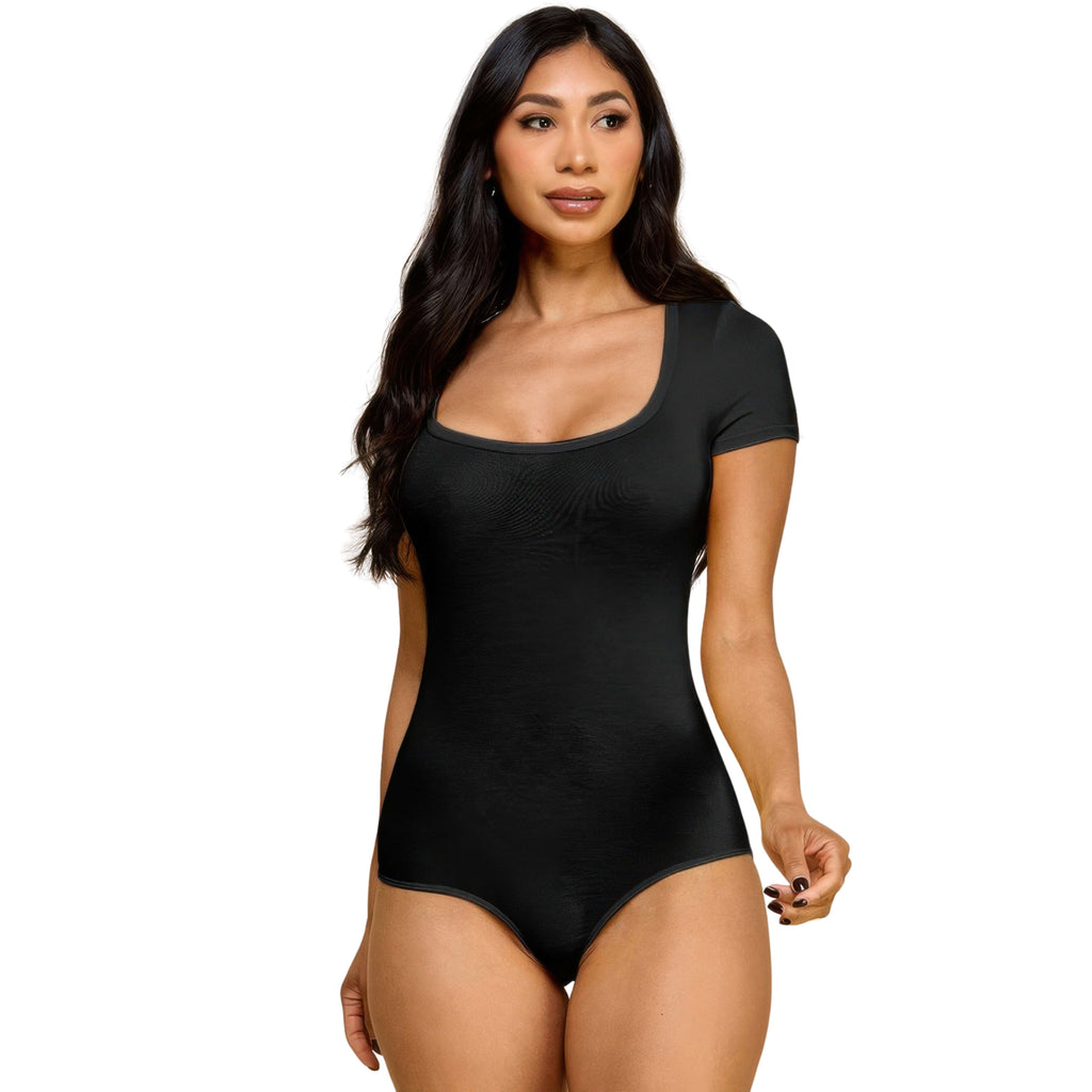 SHORT SLEEVE V-NECK BASIC BODYSUIT BLACK