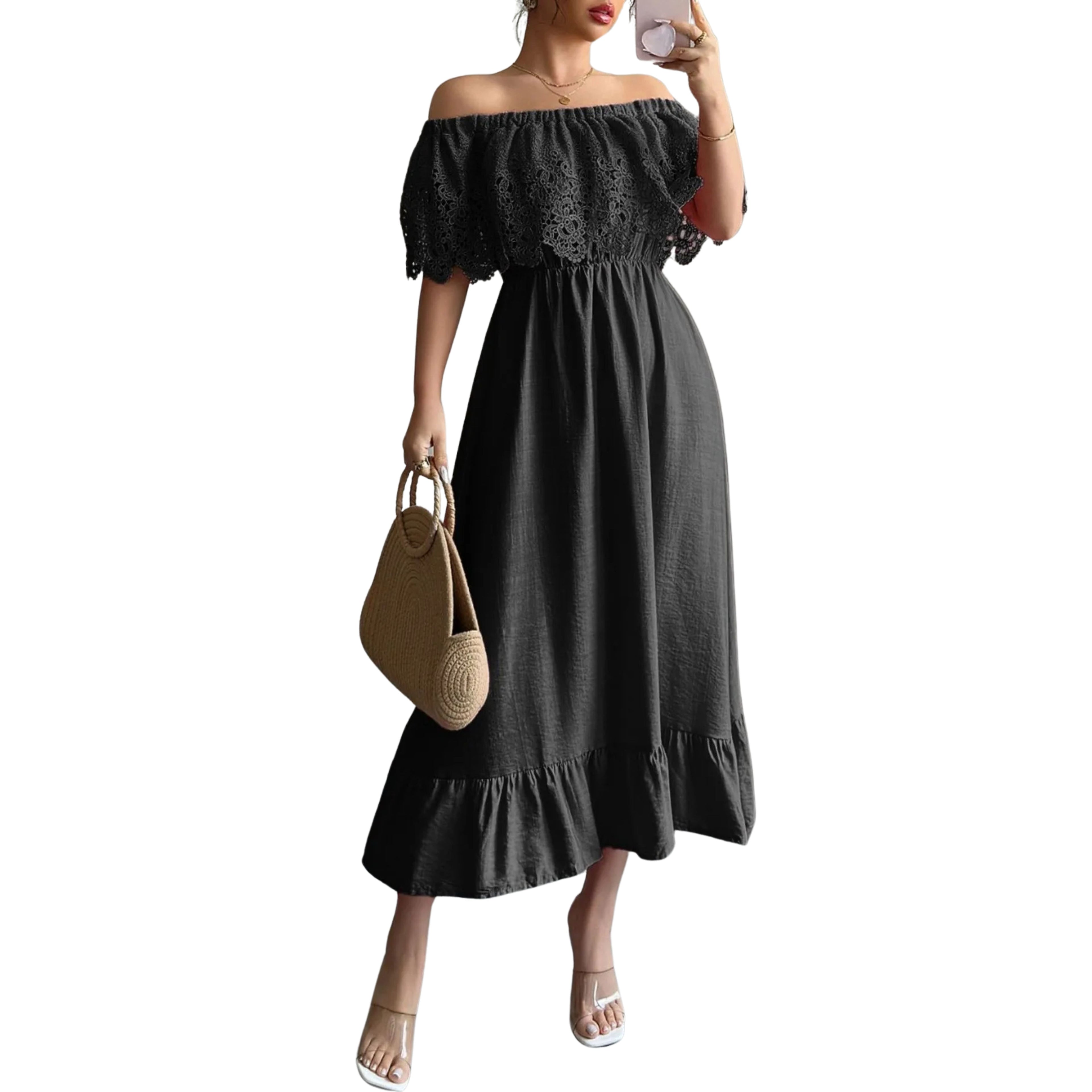 OFF-SHOULDER LACE RUFFLE MIDI DRESS