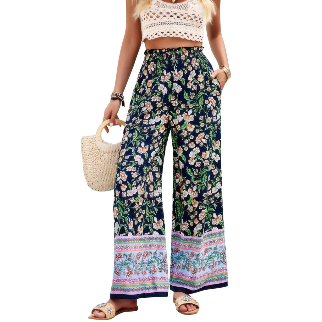 FLORAL PRINT WIDE-LEG PANTS WITH POCKETS AND ELASTIC WAIST