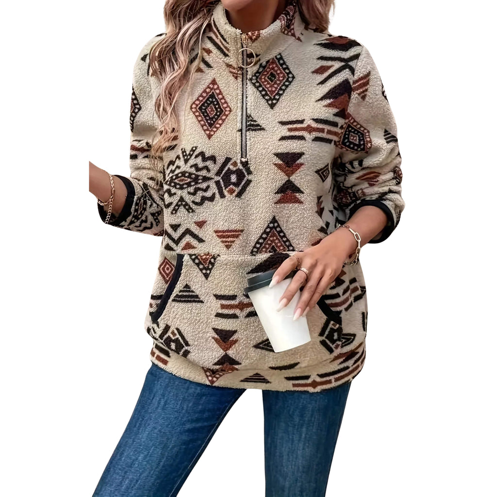 SPORTY GEOMETRIC PRINT HALF-ZIP LONG SLEEVE TOP
