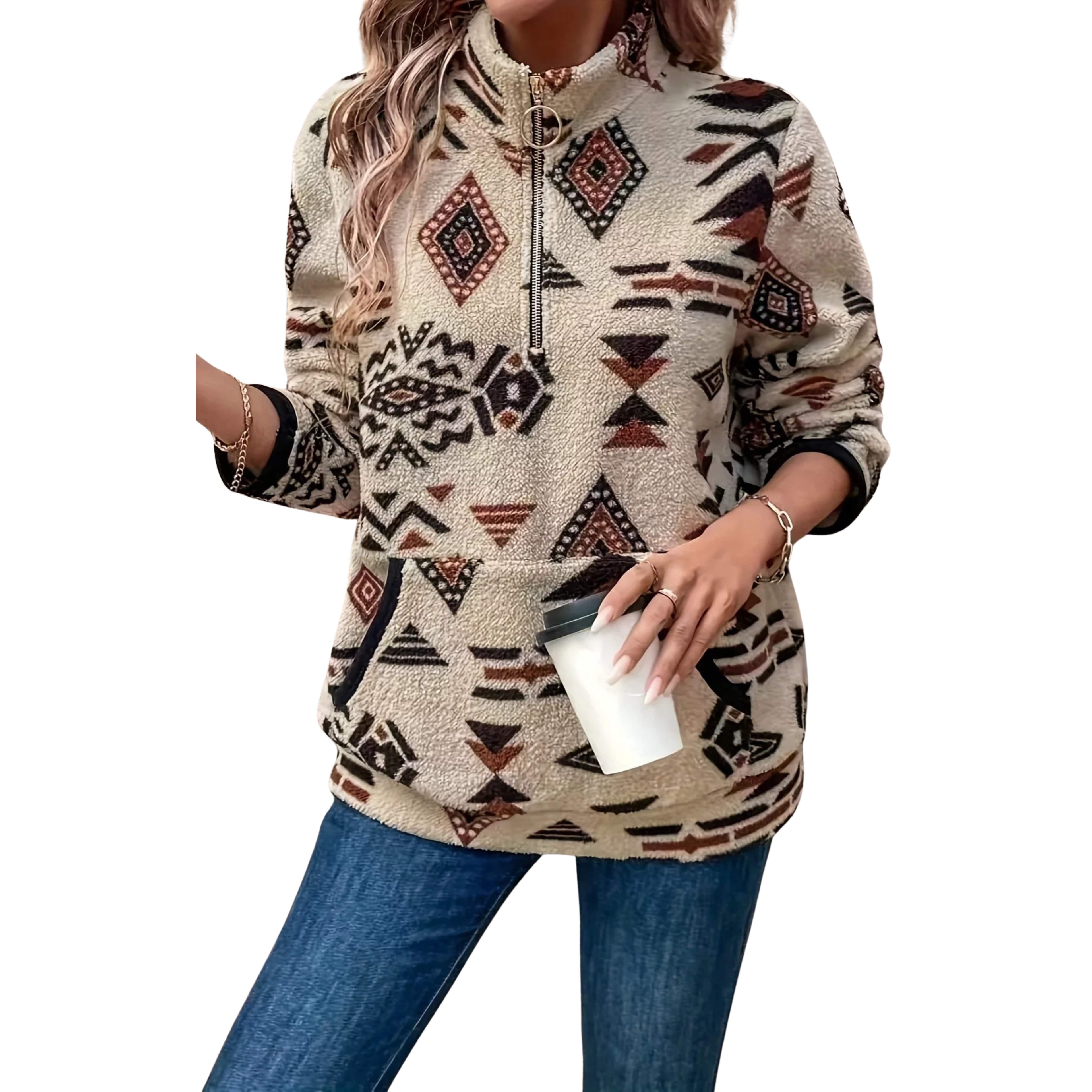 SPORTY GEOMETRIC PRINT HALF-ZIP LONG SLEEVE TOP